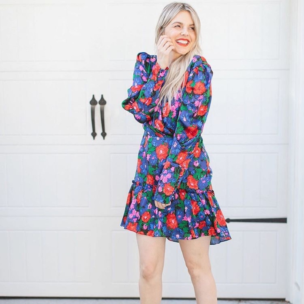 WAYF Eva Cobalt Floral Puff Sleeve Mini Dress